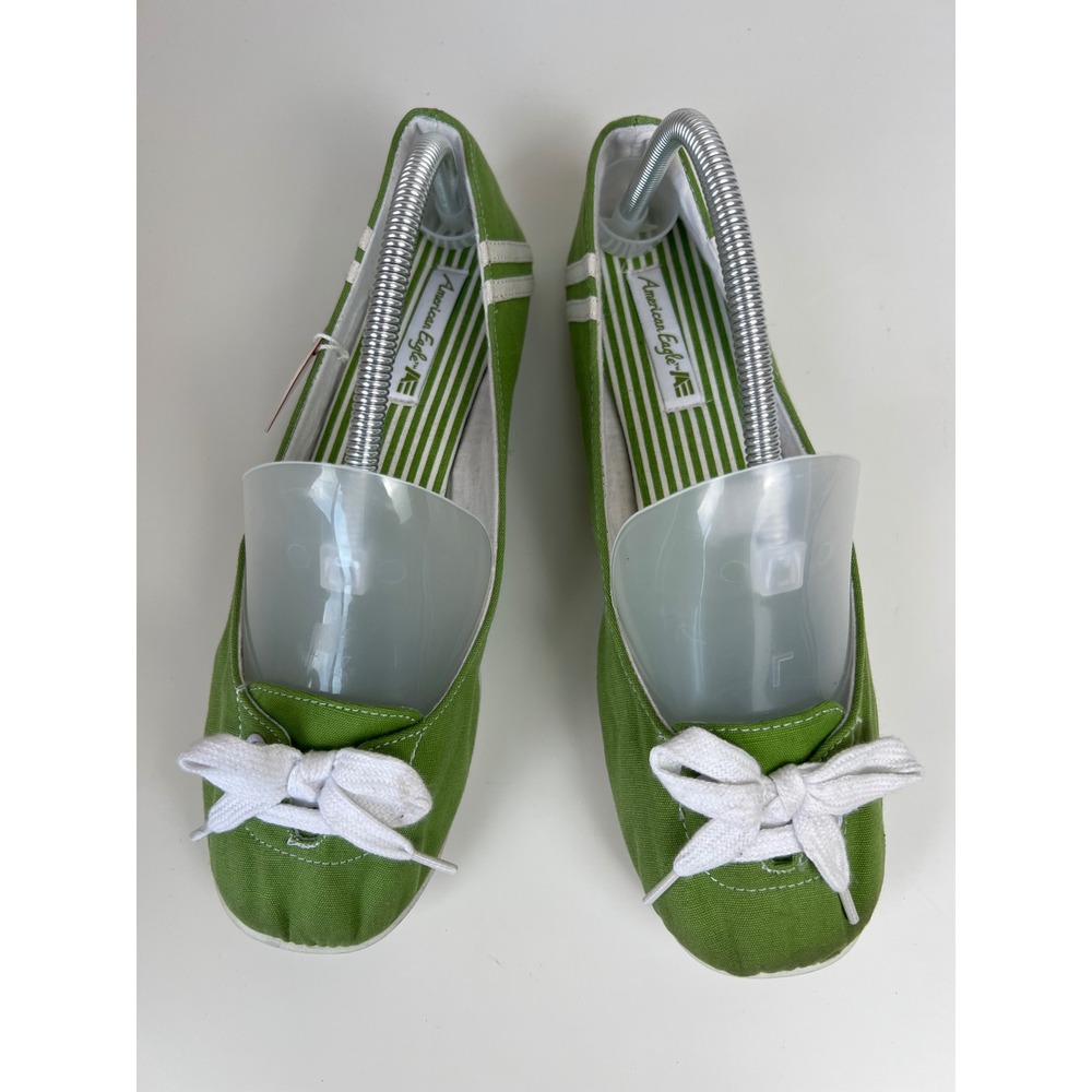 American Eagle Green Canvas Ballet Flats Bow Slip On Casual Shoes Y2K US 11 - Picture 2 of 6